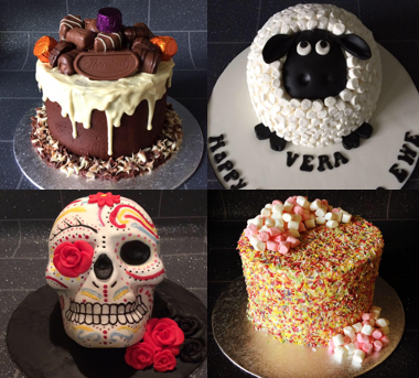 4 Cakes by Denise Mills. Top left, Box of Chocolates Cake. Top Right, Sheep Cake. Bottom Left, Mexican Day of the Dead Style Skull Cake. Bottom Right, Hundreds and Thousands Marshmallow Cake.