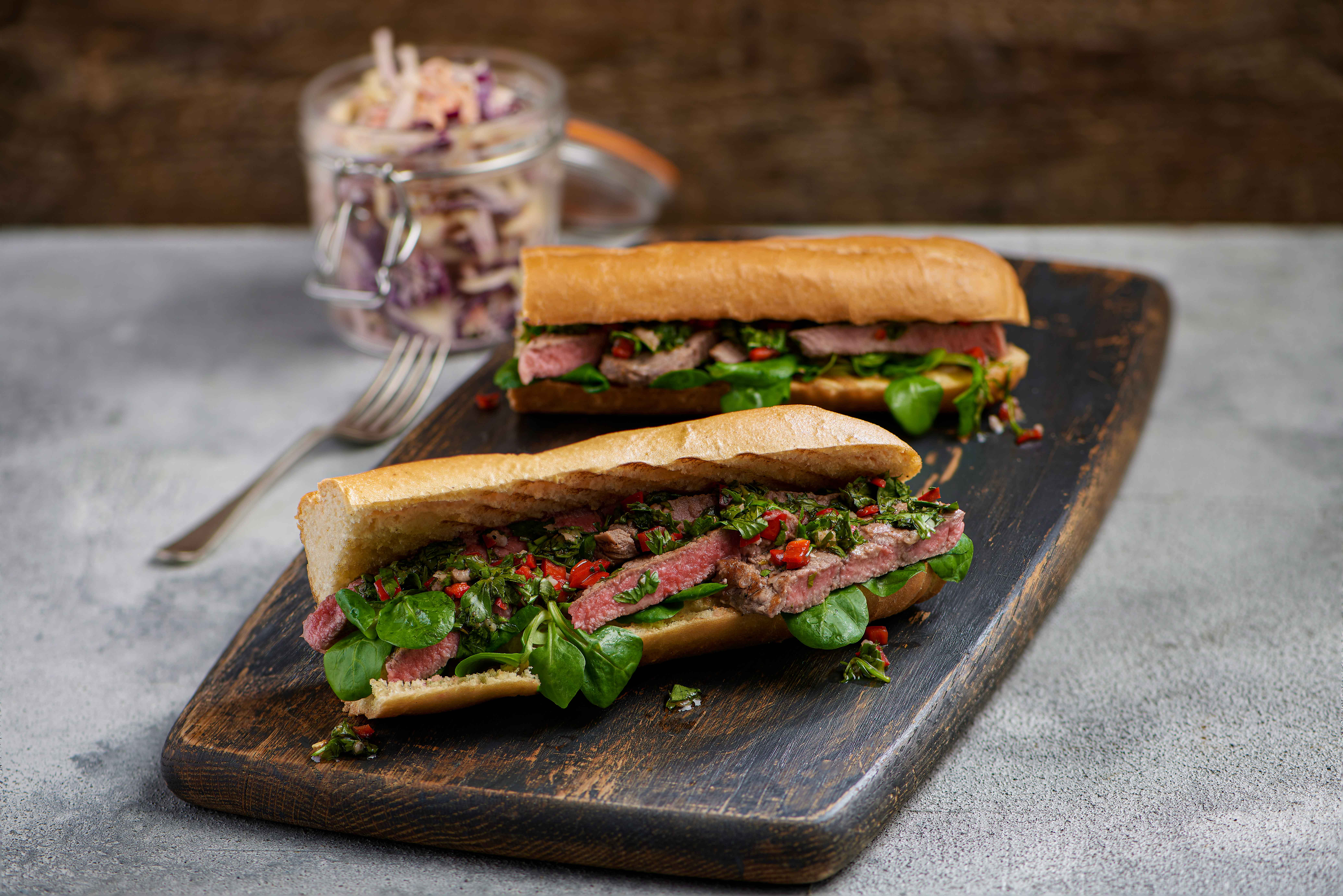 Gluten Free Steak Baguette With Chimichurri Sauce & Rustic Coleslaw